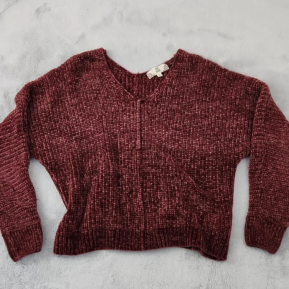 Pink Rose Chenille Sweater Women's Small Burgundy V-Neck Soft Cozy Pullover